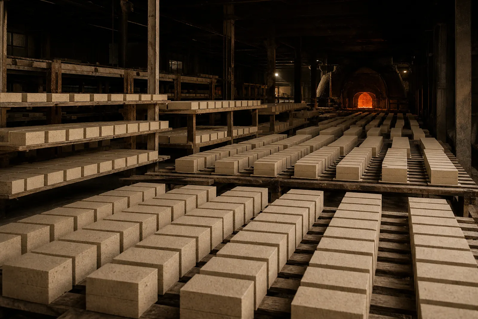 Illustrative period reconstruction of a 1960s firebrick works, rows of freshly pressed bricks on drying racks with a kiln glowing in the distance.