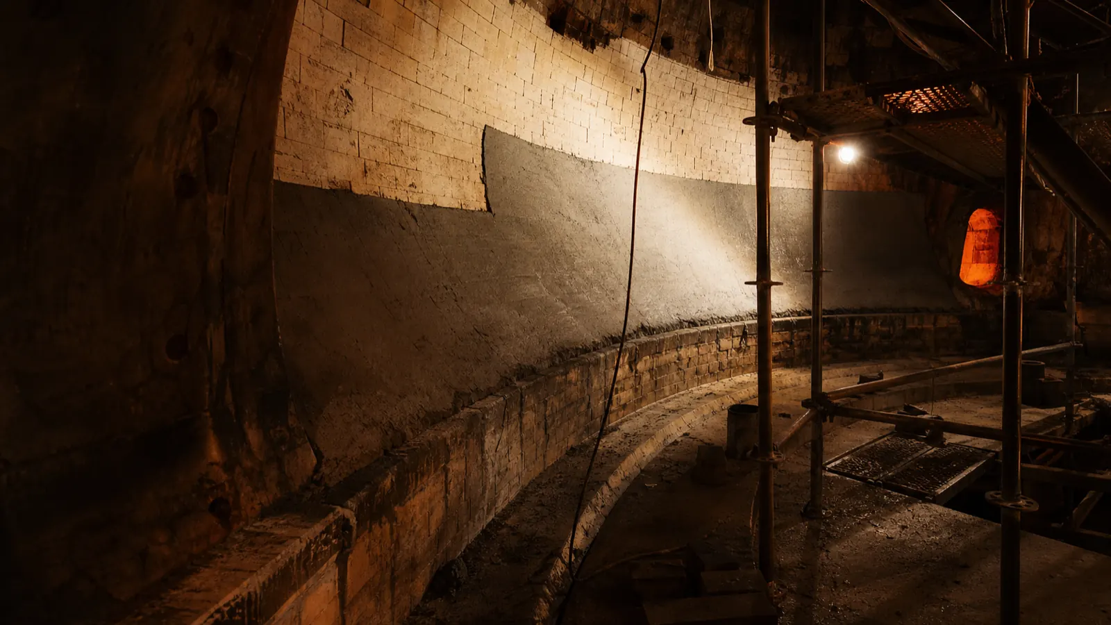 Illustrative reconstruction of an industrial furnace shell mid-reline, fresh castable against older brickwork.