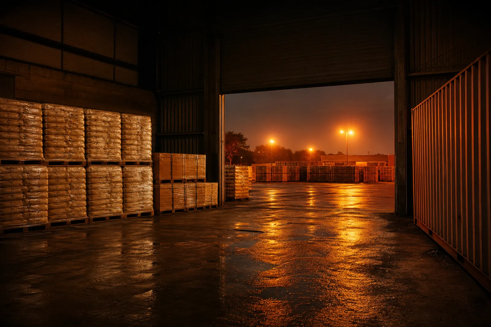 Illustrative reconstruction of an export dispatch bay at dusk, palletised refractory bags and crated bricks queued under an open shutter.