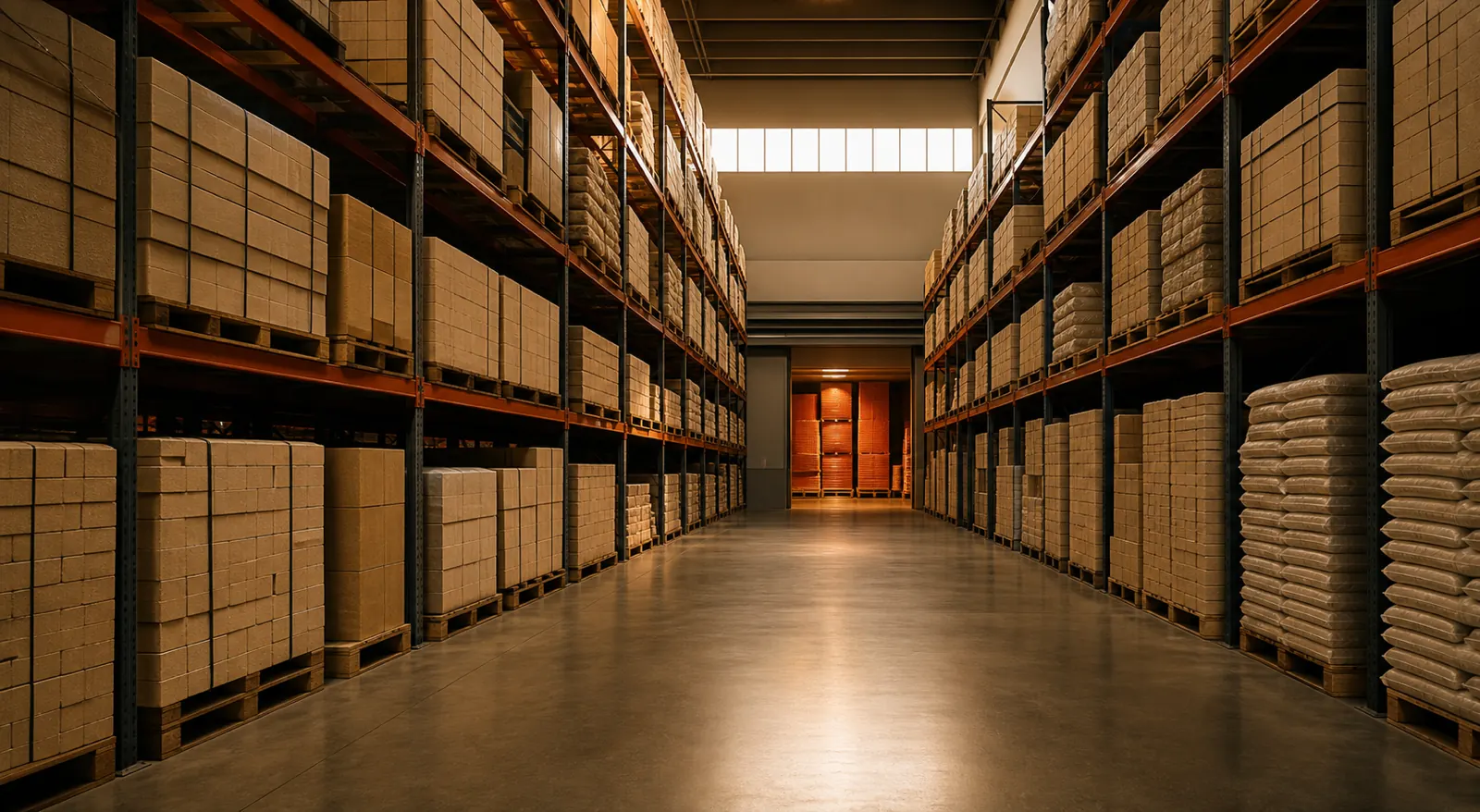 Illustrative reconstruction of a modern refractory distribution warehouse, racked firebrick packs down a clean central aisle.