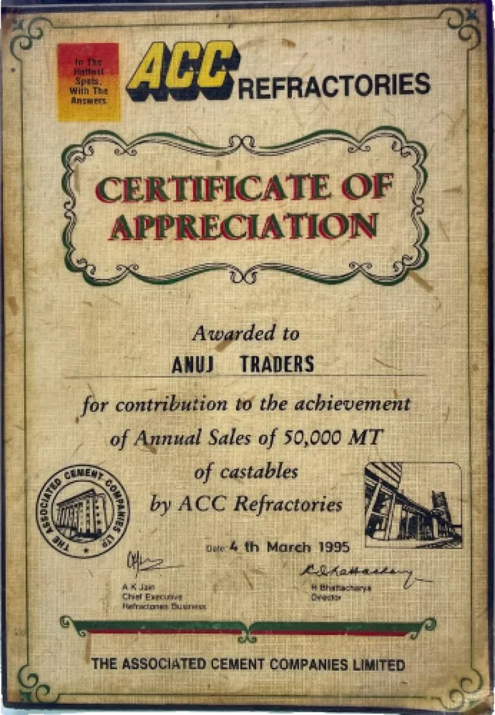 Certificate: ACC Refractories Appreciation Certificate, 1995