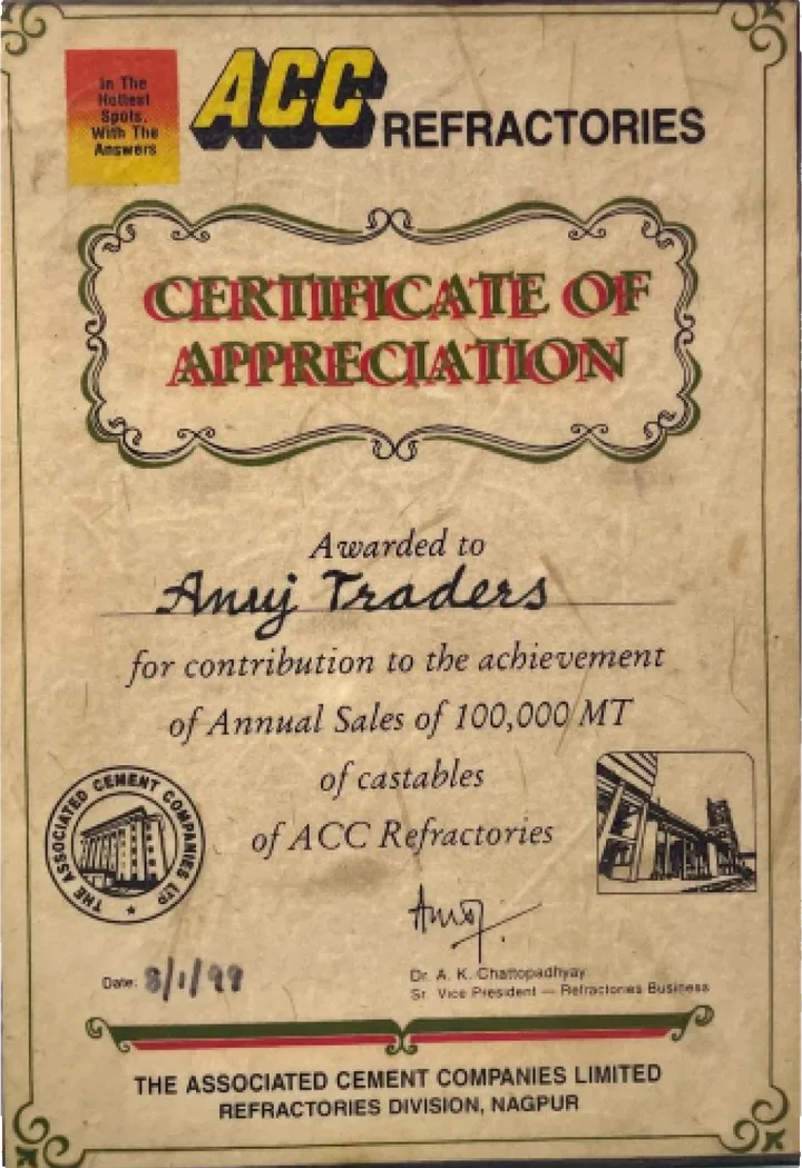 Certificate: ACC Refractories Appreciation Certificate, 1999