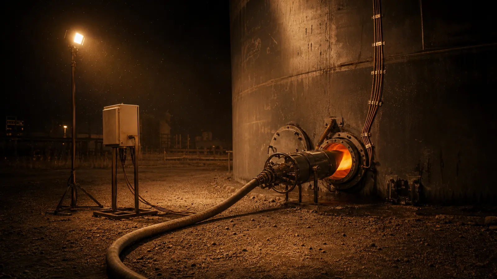 Night view of a large cylindrical vessel with a temporary dryout burner bolted to a low manway, a warm glow around the burner throat, a fuel hose curving across the ground and thermocouple leads taped in parallel runs up the shell.