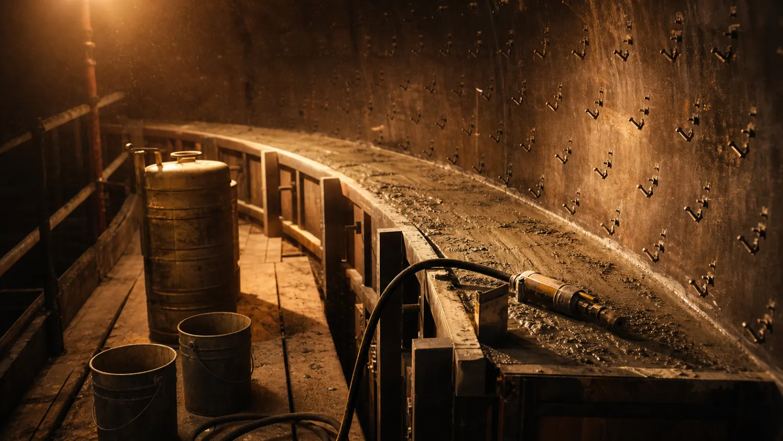 Interior of a vessel being lined: curved plywood and steel formwork against the shell, freshly placed castable visible in the open top of the form, a pneumatic poker vibrator laid across the form edge, a calibrated water drum and buckets on the scaffold boards, and a dense field of stainless anchors welded to the exposed shell.