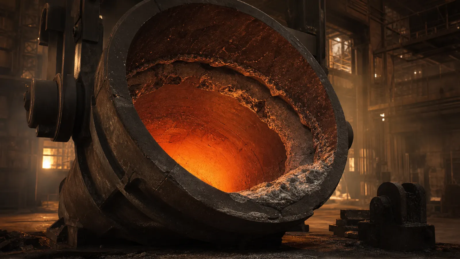 A large steel teeming ladle tipped on its side in a maintenance bay, its lining exposed: residual heat glowing from the bottom of the bowl, and the upper band of the lining visibly eaten back into a rough scalloped groove where the slag sat, with sound brickwork below it.