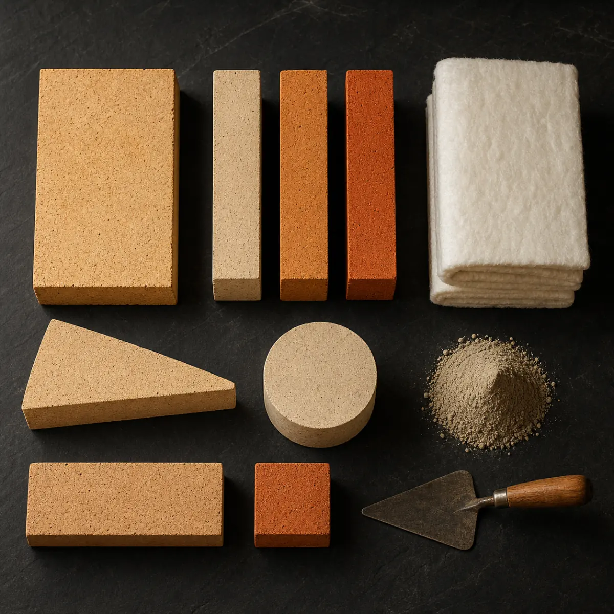 Overhead flat-lay of refractory materials: an insulating brick, four high alumina bricks of increasing alumina content, a folded ceramic fibre blanket, an arch brick, a calcium silicate disc, a heap of dry mortar and a bricklayer's trowel.