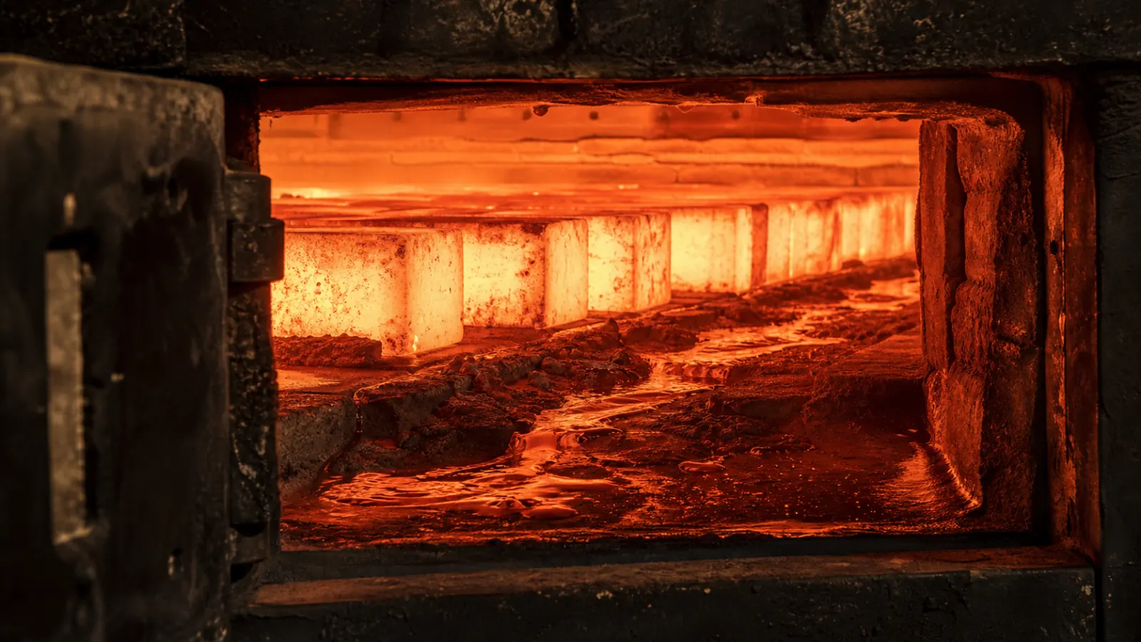 View through an inspection door into the soaking zone of a reheating furnace: white-hot billets on the hearth, with bright molten mill scale pooling and running in rivulets across the hearth brick beneath them and washing the surface into hollows.