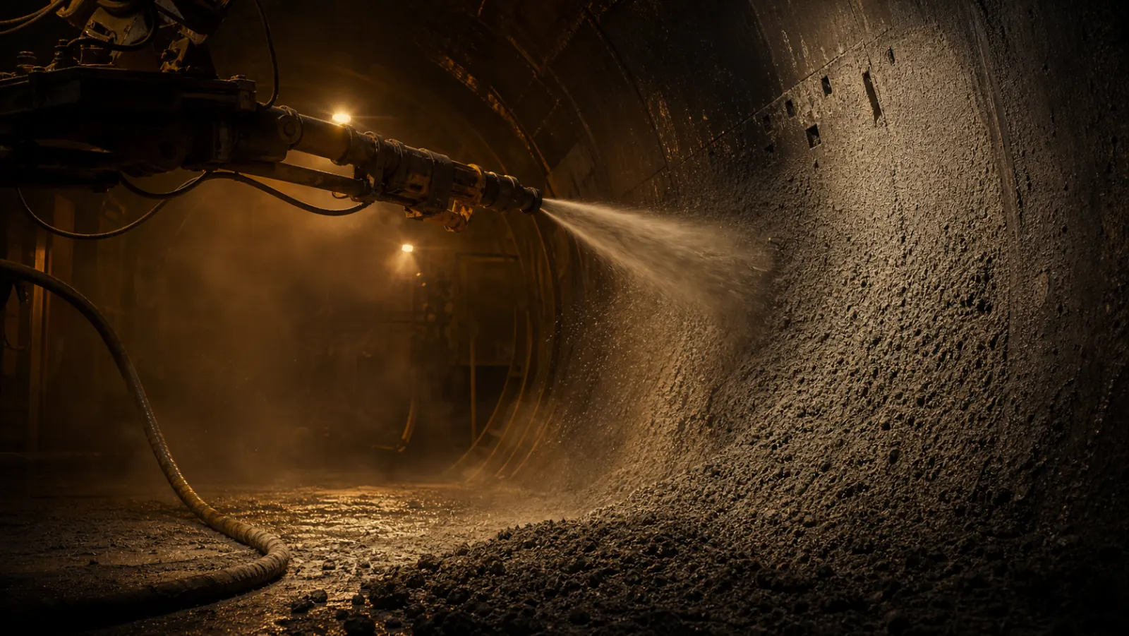 Interior of a large vessel being relined by wet-process shotcreting: a nozzle on an articulated boom spraying a dense plume of grey refractory onto the curved shell, building an even layer, with a small mound of rebound on the floor and the material hose snaking out of frame.