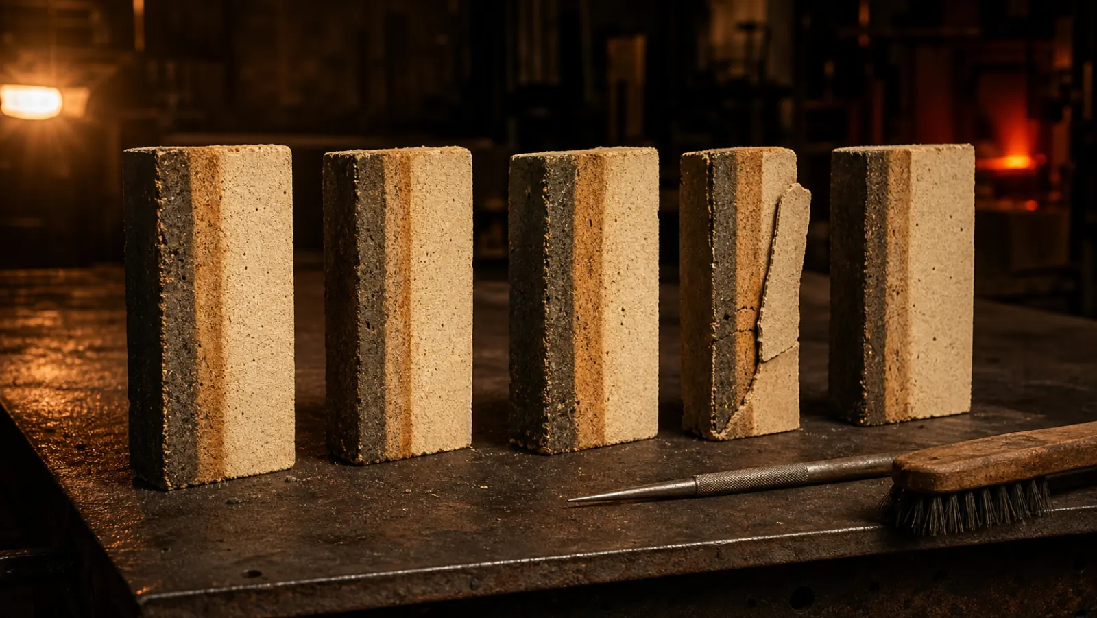 Blocks of used refractory brick saw-cut through their full thickness and stood on edge, the cut faces showing a glassy skin, a darker densified band a few centimetres in, and paler unaffected material behind it.