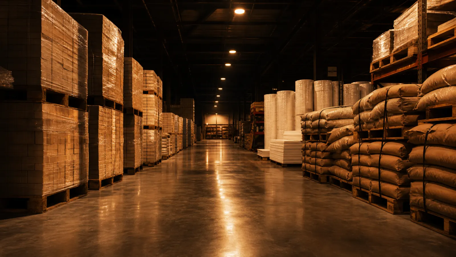 A long aisle in a refractory distributor's warehouse: shrink-wrapped pallets of firebrick stacked high on the left, banded pallets of paper sacks of castable and mortar on the right, rolls of ceramic fibre blanket and a stack of calcium silicate boards further down.